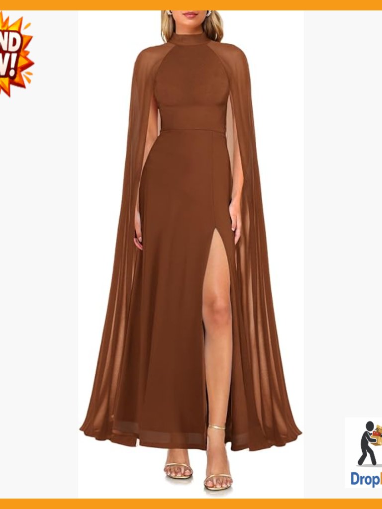 Halter Neck Maxi Dress Elegant Formal Cape Sleeve Side Slit Evening Wear